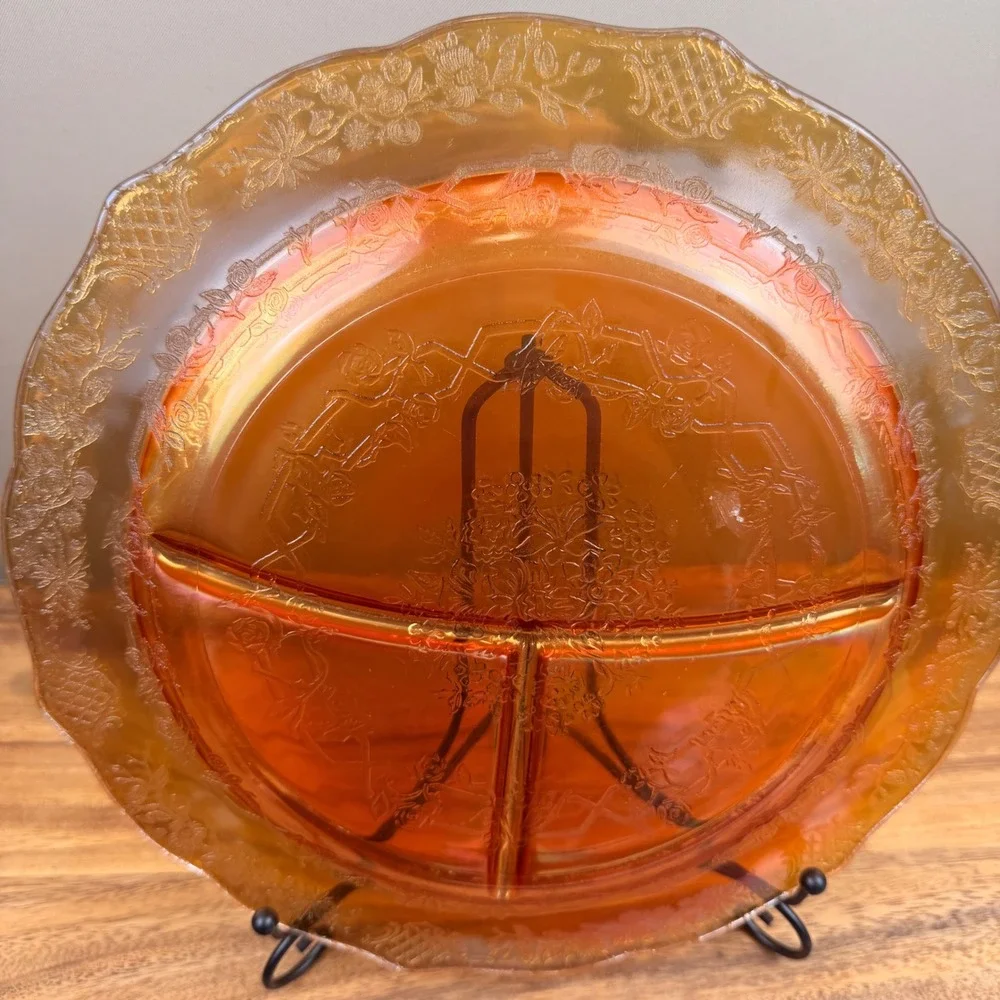 Vintage Federal Glass Normandie Marigold Carnival Grill Plate Iridescent 11in